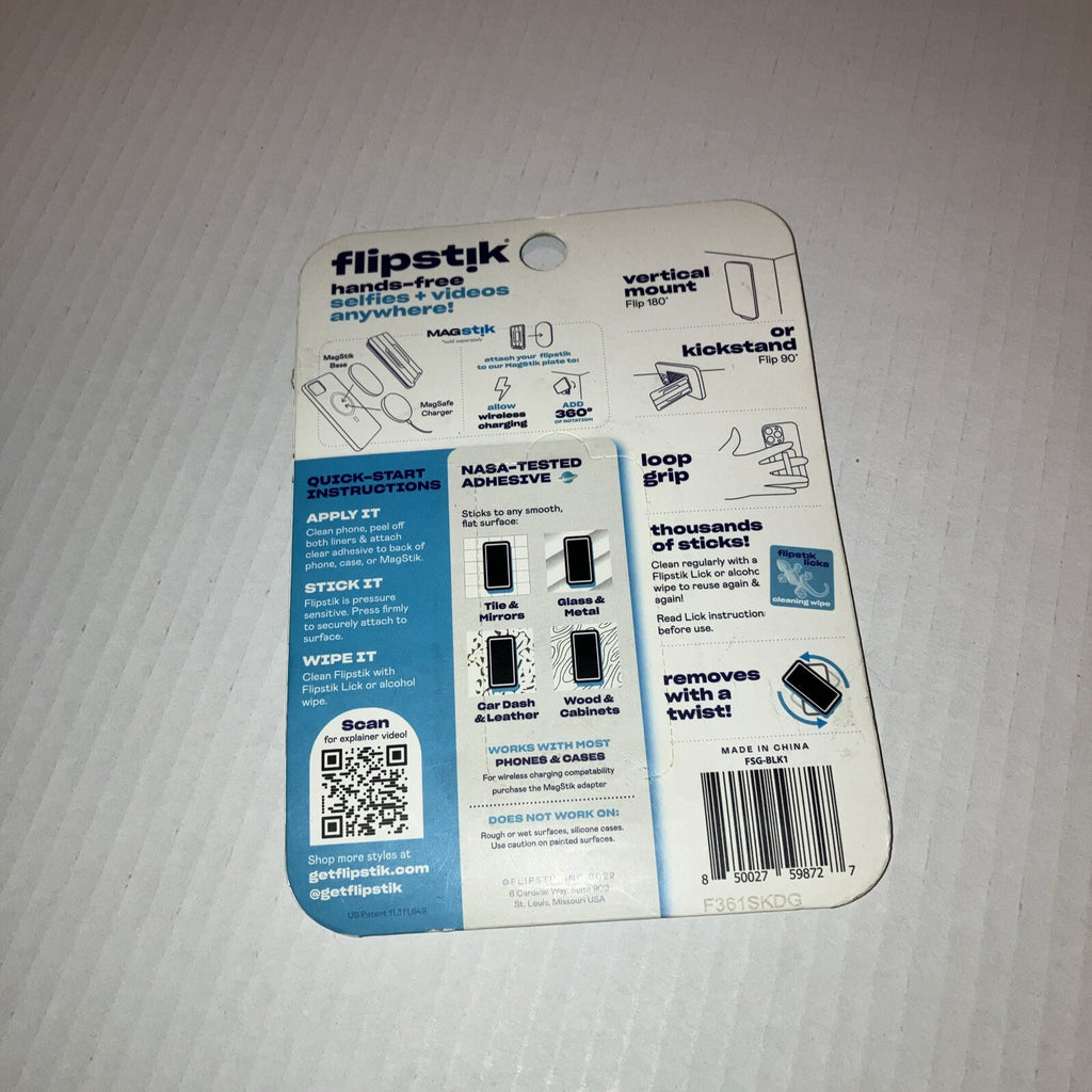 Flipstik Defy Gravity Cell Phone Stick & Stand with Grip Loop - New - Black