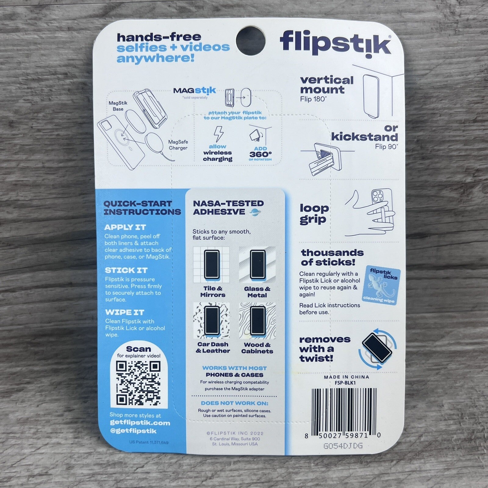 Flipstik Defy Gravity Cell Phone Stick & PRO Stand with Grip Loop - Black
