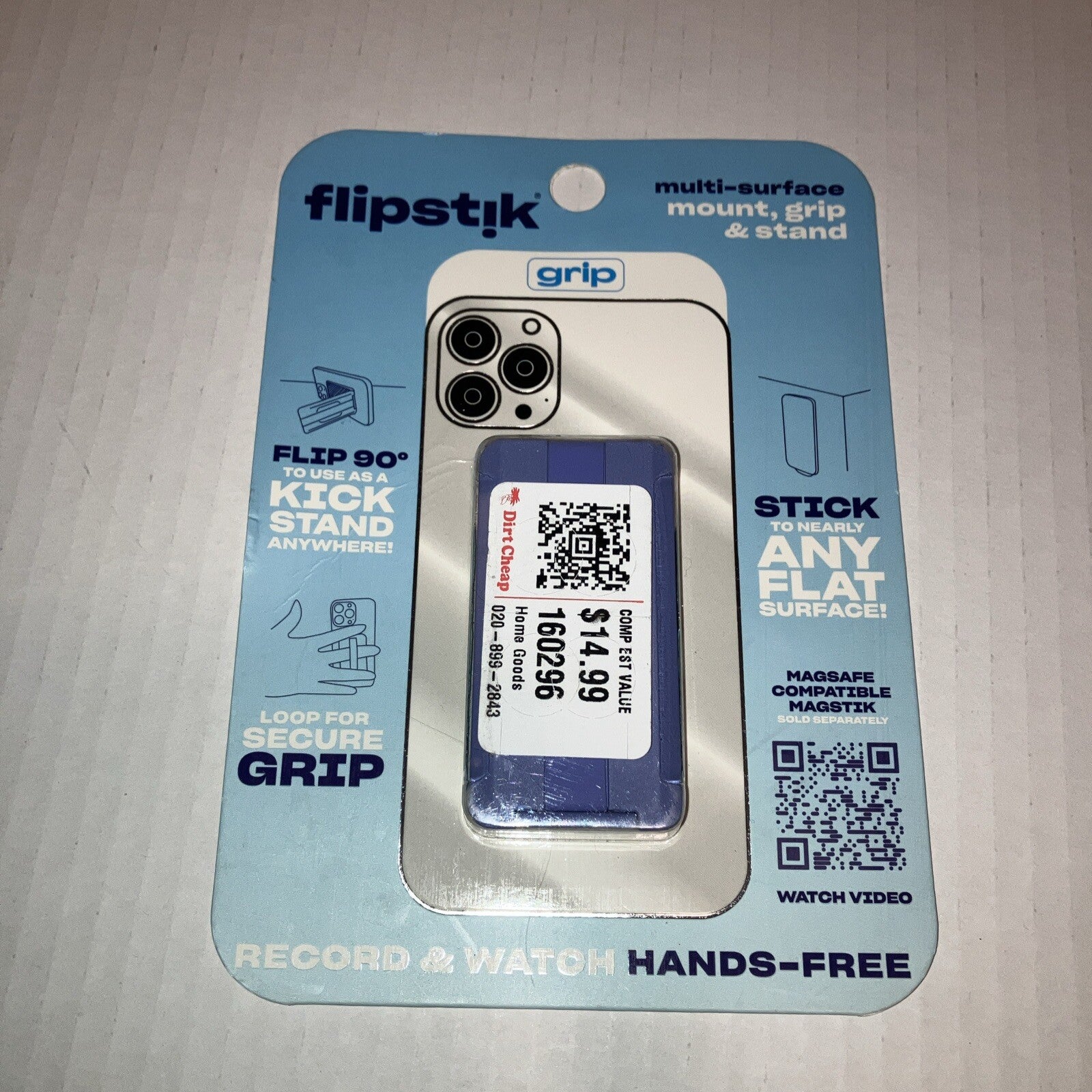 Flipstik Defy Gravity Cell Phone Stick & Stand with Grip Loop - New - Purple