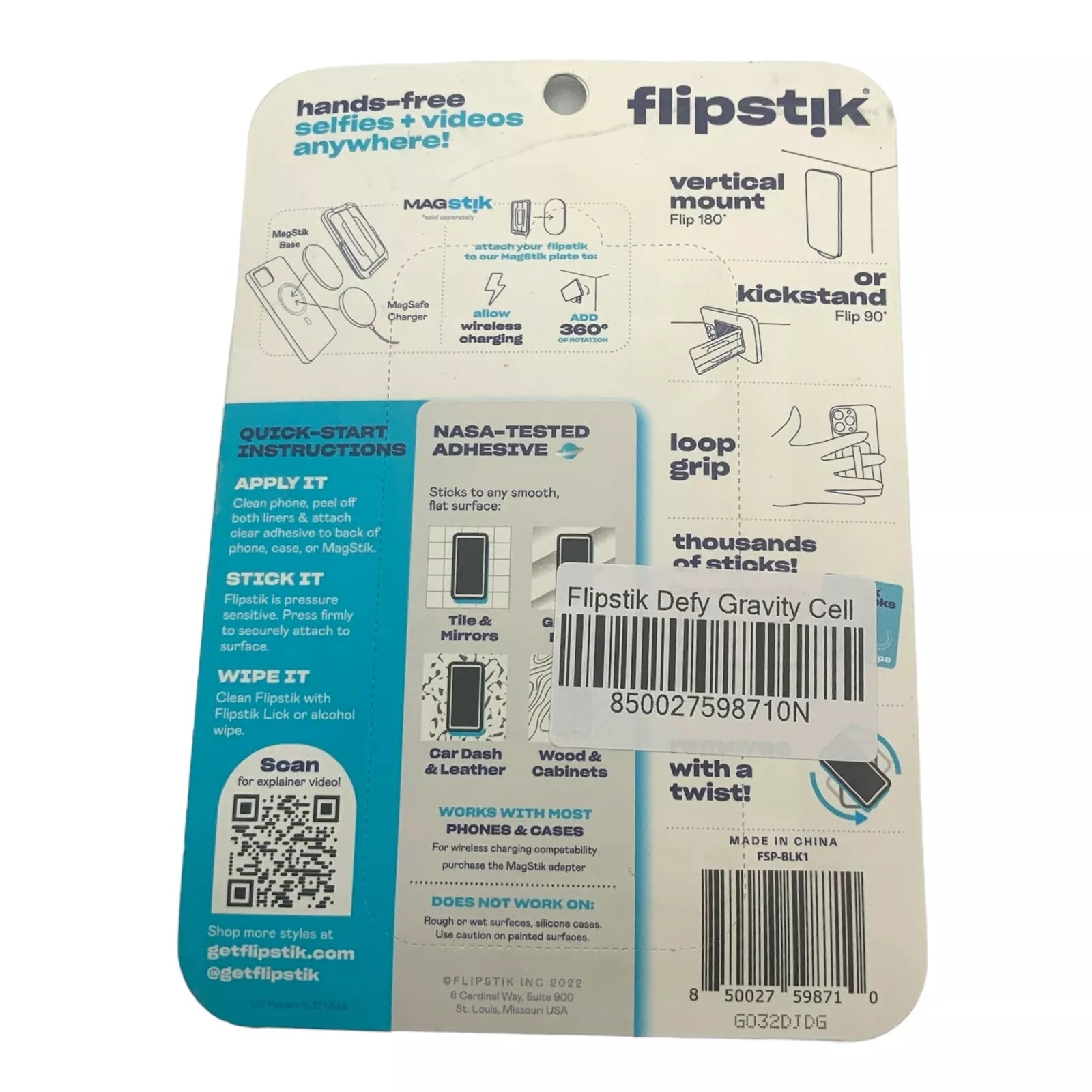 Lipstik Defy Gravity Cell Phone Stick & PRO Stand with Grip Loop, Clear/Black