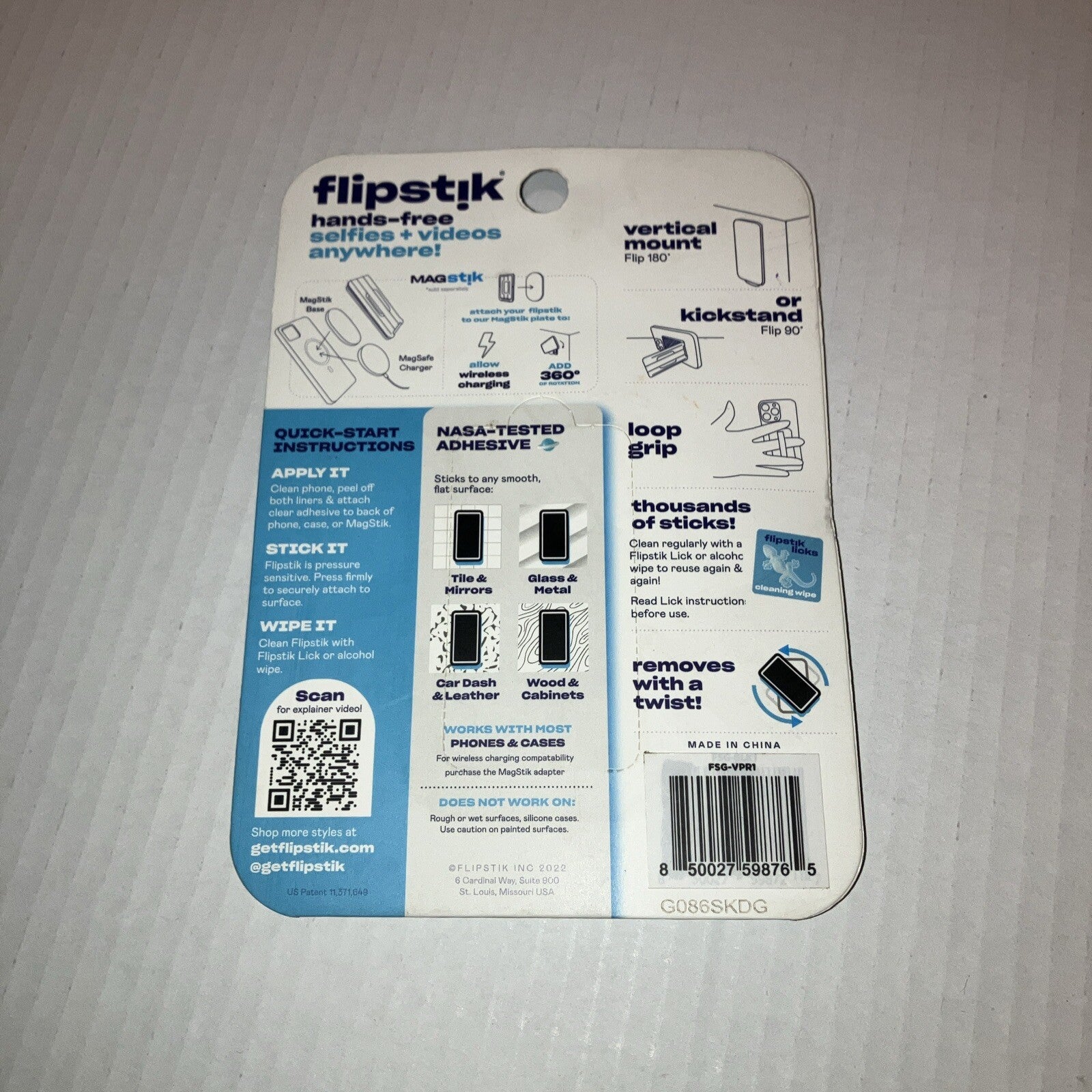 Flipstik Defy Gravity Cell Phone Stick & Stand with Grip Loop - New - Purple